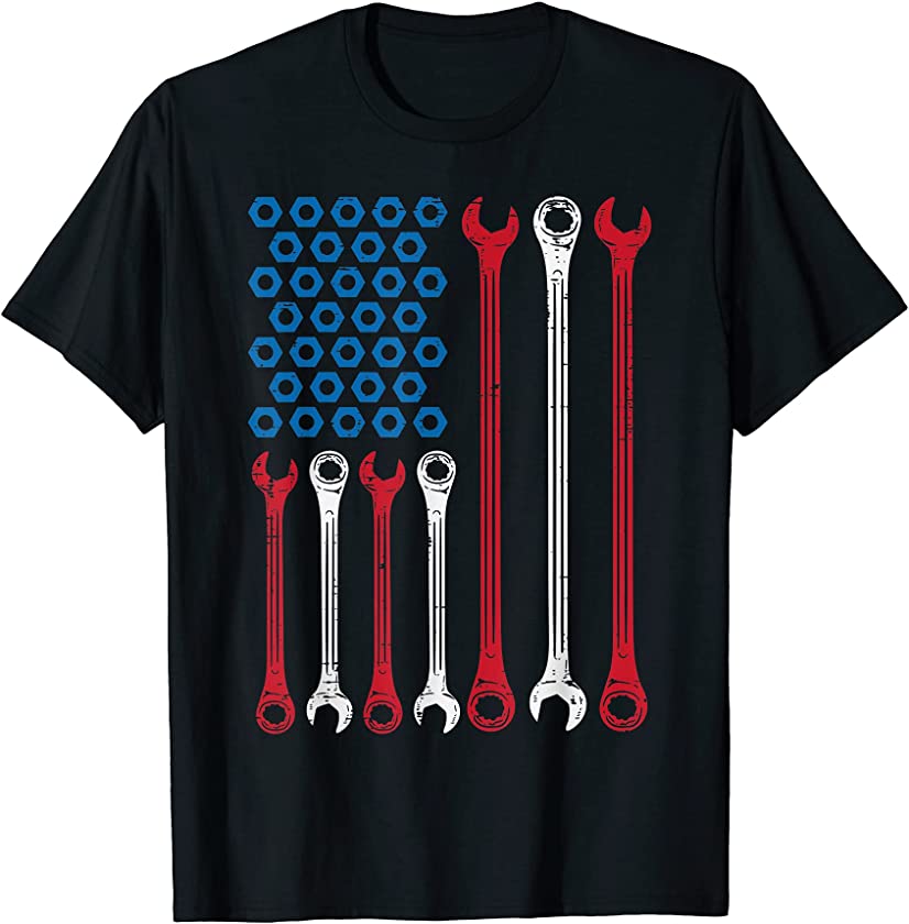 Wrench Flag Vintage Fathers Day Patriotic Mechanic Dad Men T-Shirt