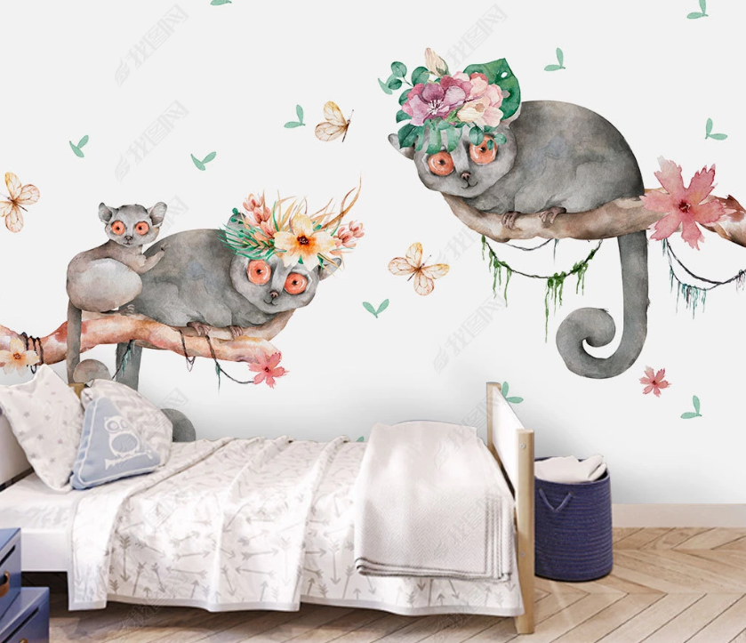 3D Hand Drawn Animal Cat Floral Wall Mural Wallpaper Lqh 124