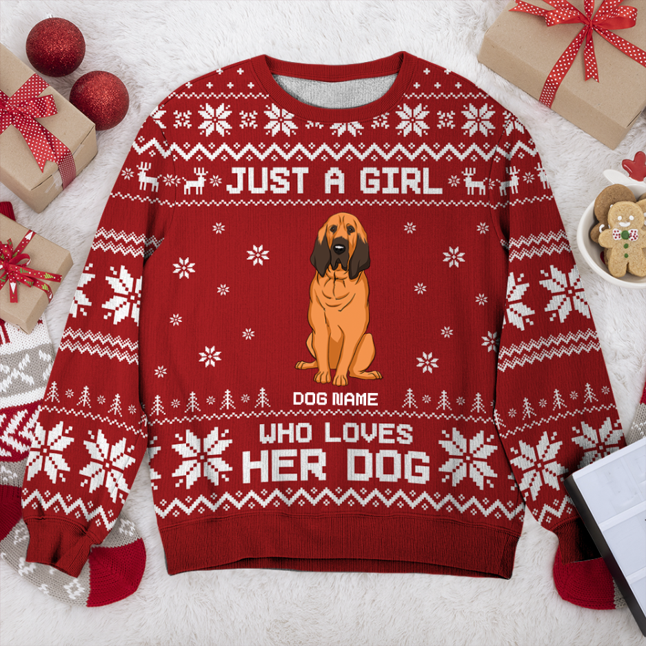 Bloodhound Just A Girl Personalized Sweater, Dog Ugly Christmas Sweater