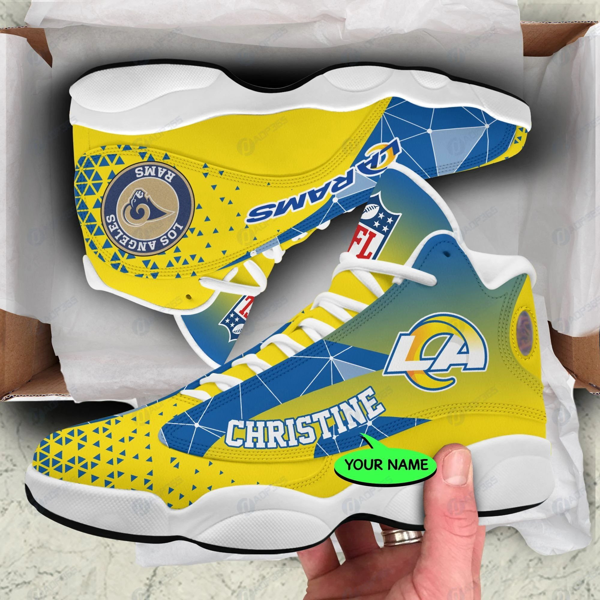 Personalized Los Angeles Rams Triangle Blue Yellow Air Jordan 13 Printing Shoes Sneaker