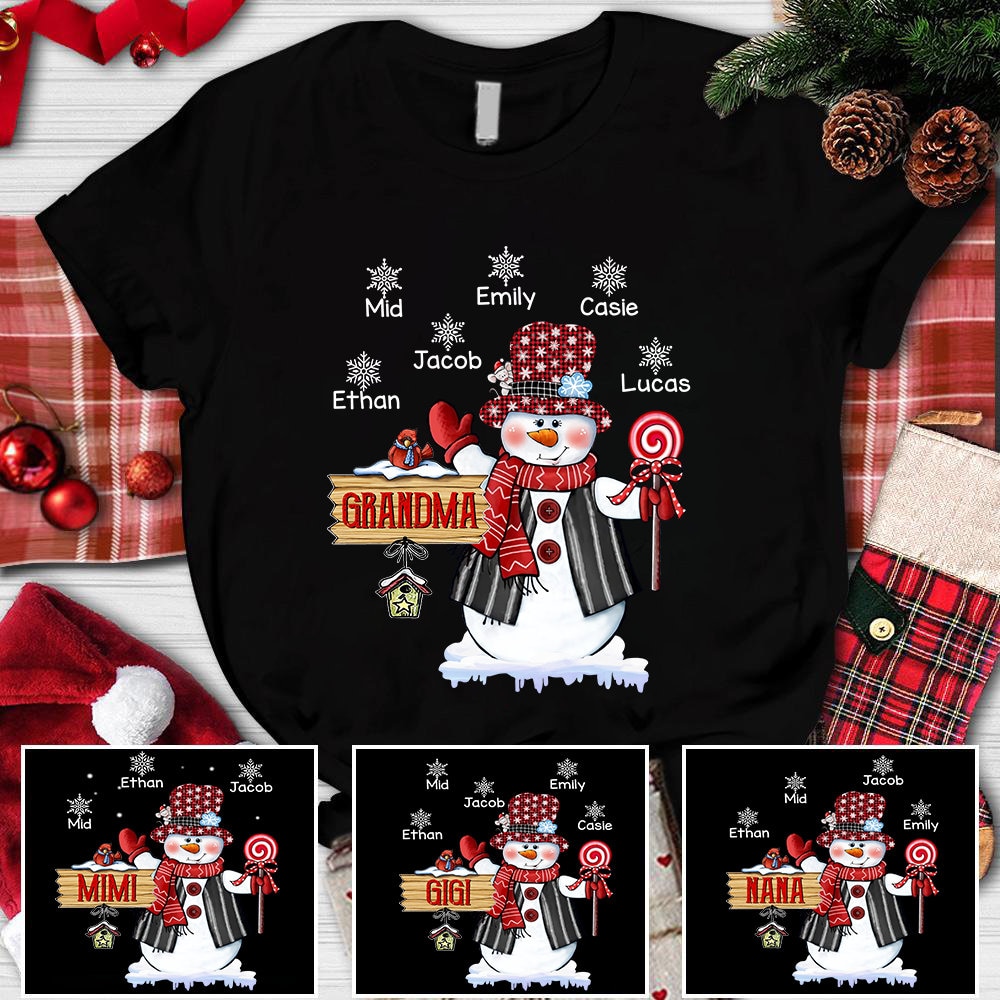 Christmas Grandma Snowman Shirt, Custom Christmas Grandma Nana Mimi Shirt With Snowflake Kids, 2022 Christmas Snowman Grandma Shirt