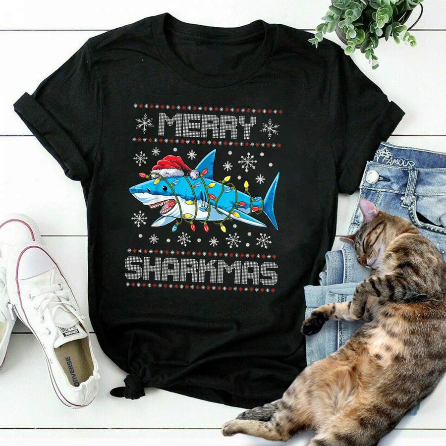 Christmas shark merry sharkmas santa hat light snow black cotton t shirt for men and women S-6XL