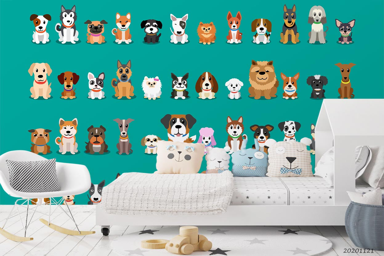 3D Cartoon Animal Dog Green Wall Mural Wallpaper Lqh 46