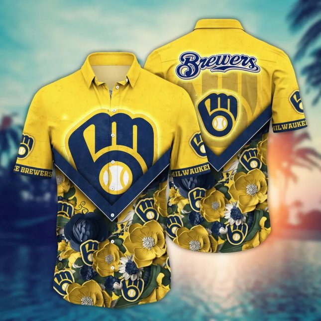 Milwaukee Brewers Hawaiian Shirt Floral Emblem