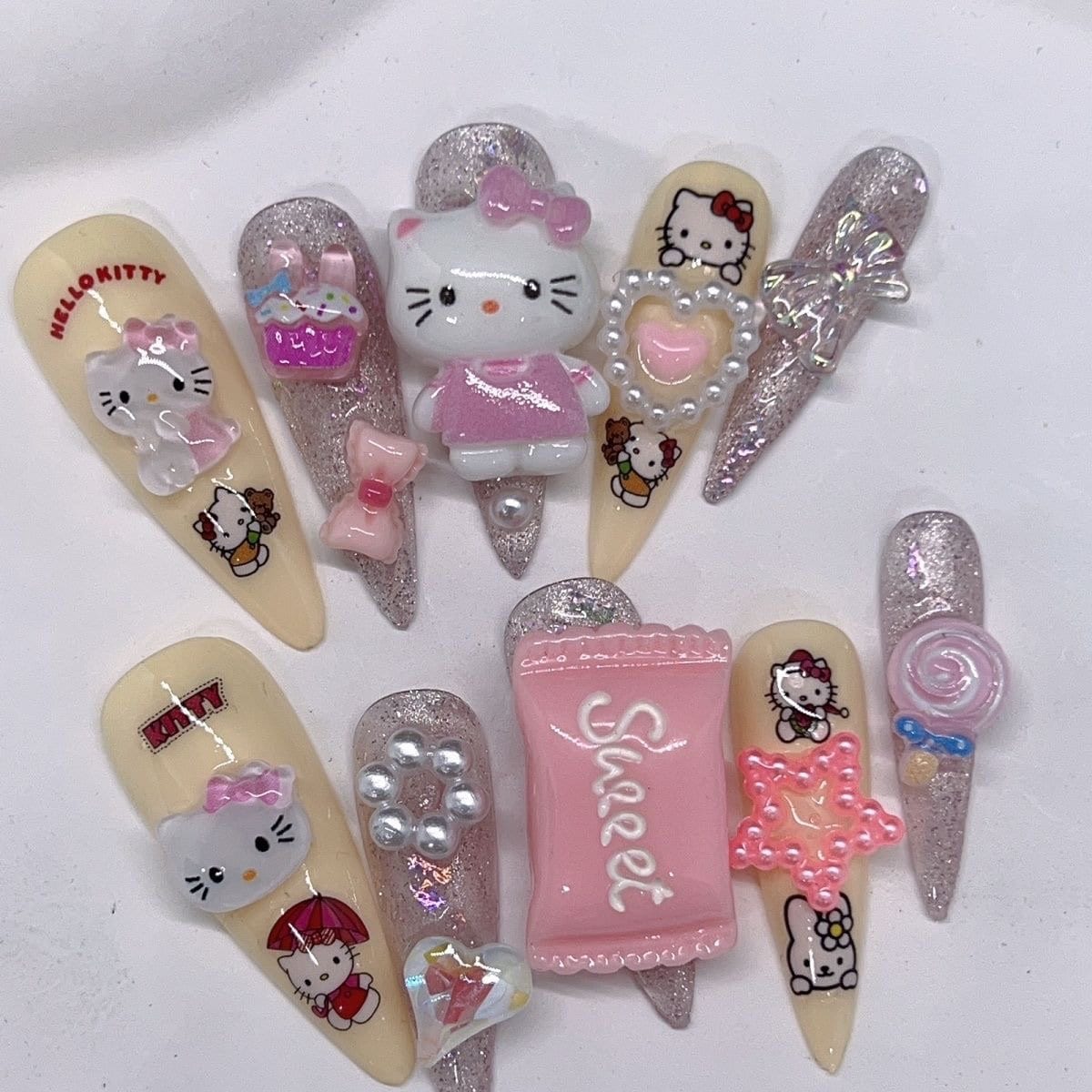 Glitter Cute Kittyy Cat Press On Nails / Handmade Y2K Fake Nails/Spring Nails/Y2K Nails Kawaii Nails / Cute Japanese Nails #314