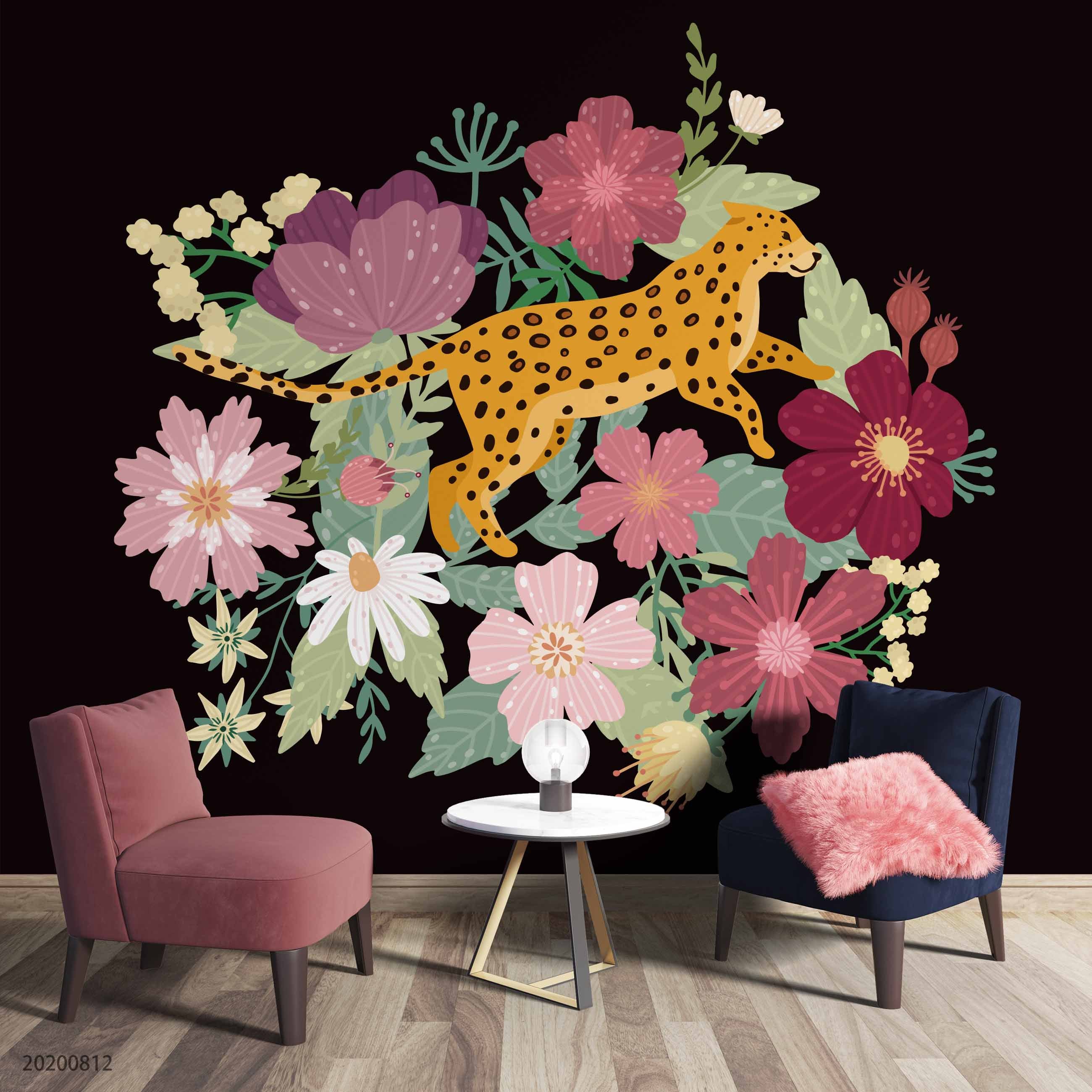 3D Hand Sketching Colorful Floral Leopard Wall Mural Wallpaper Lxl 1093