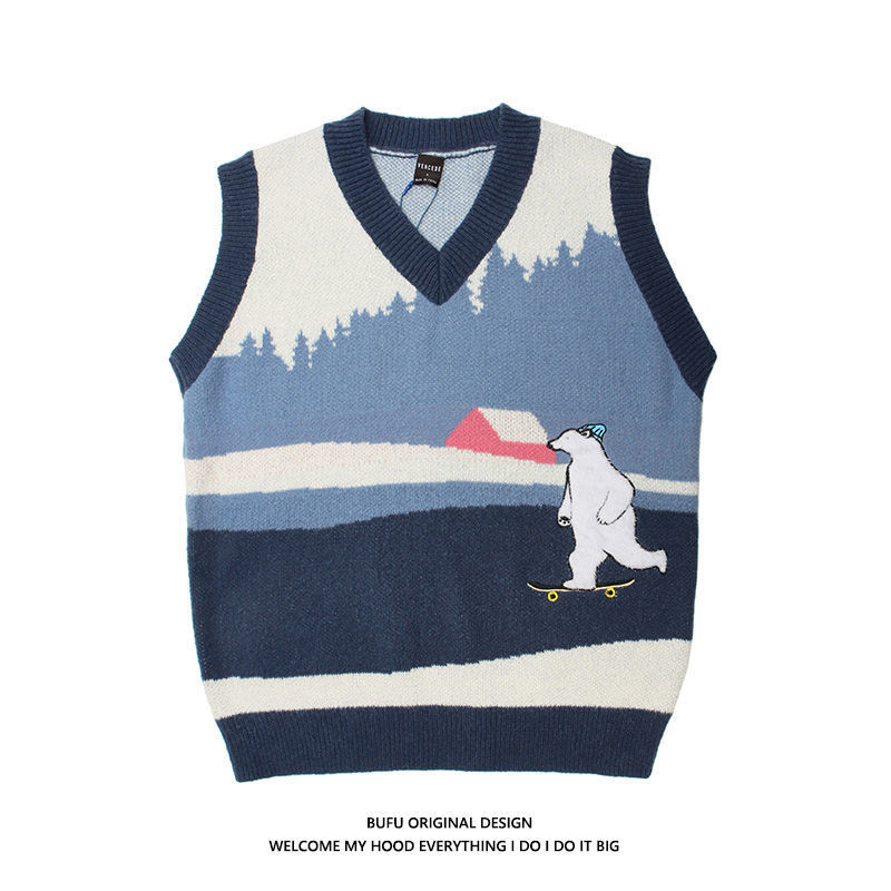 TAVARES Sweaters Vests Autumn Winter Clothes Women V-Neck Knitwear Cute Bear Cartoon Knitted Sweater Vest Vintage Kawaii Top alx