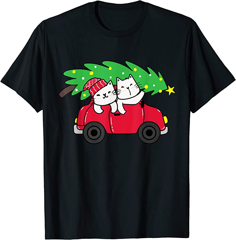 Cat Riding Car Christmas Kitten Cute X-mas Tree Pajama Pj T-Shirt