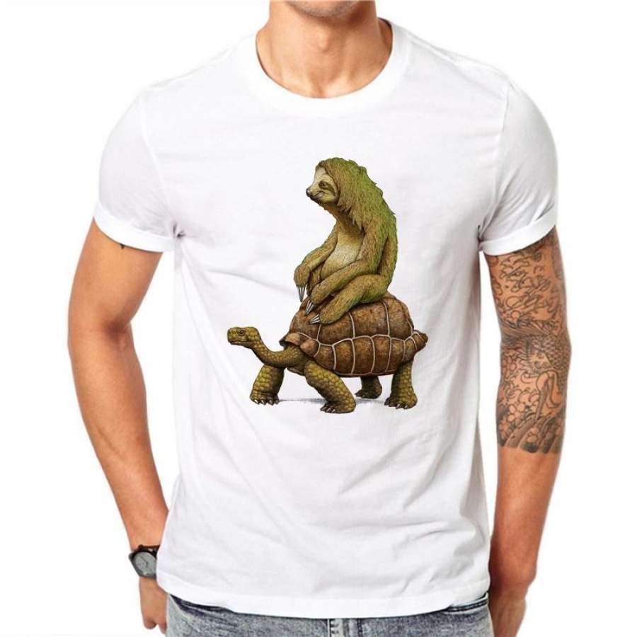 100% Cotton Funny Sloth Sea Turtle Men T Shirts Fashion Casual Tops Animal Printed T-Shirt White Tee Short Sleeve Plus Size 4XL RT53