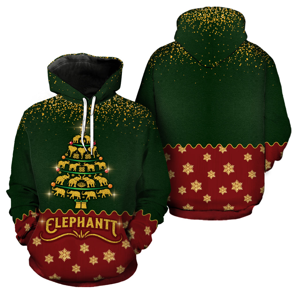 Elephant Xmas Tree Full Hoodie All Over Print Thicken Pullover Fleece Hoodie