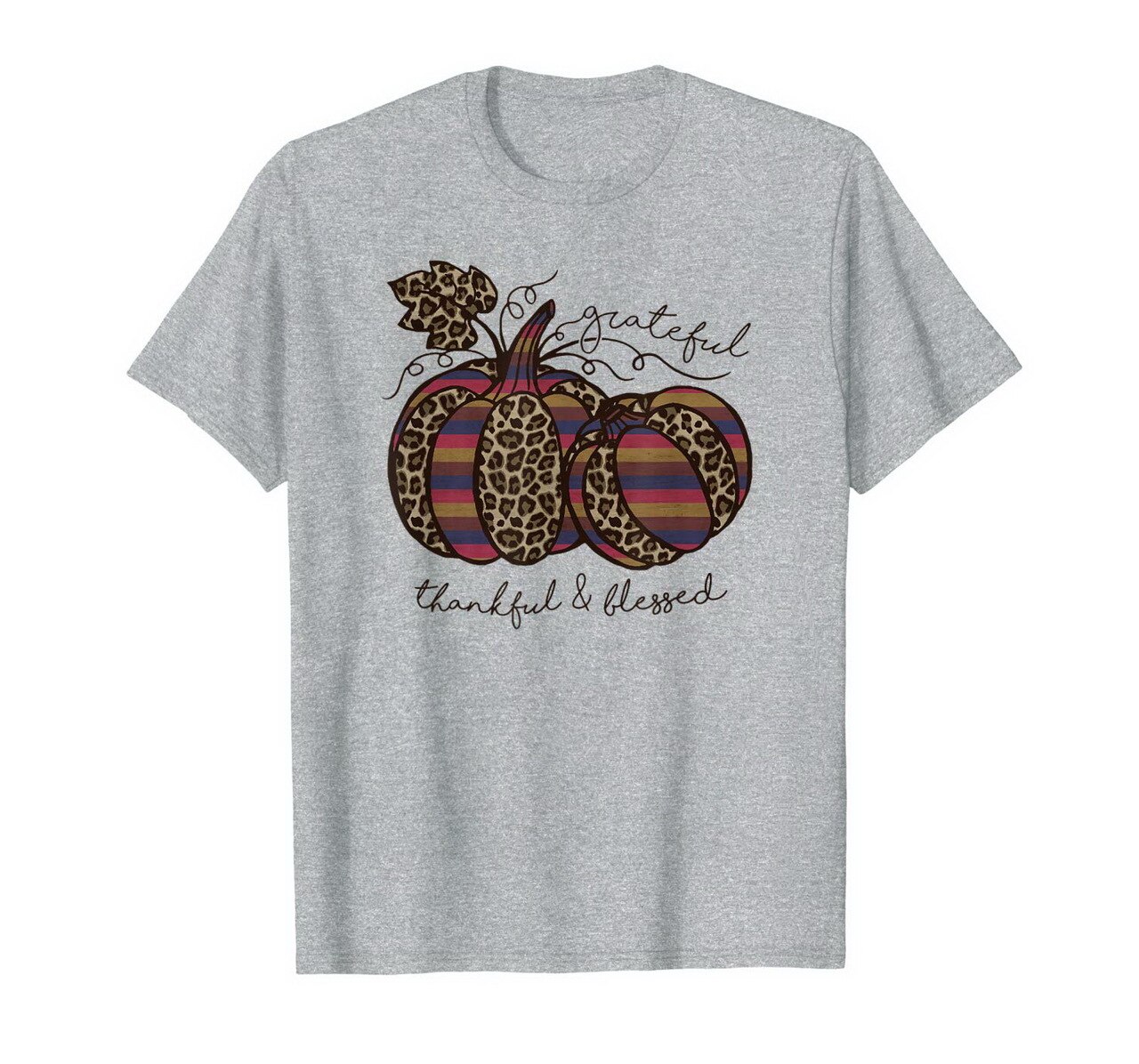 Grateful Thankful Blessed Leopard Pattern Thanksgiving Top T-Shirt New