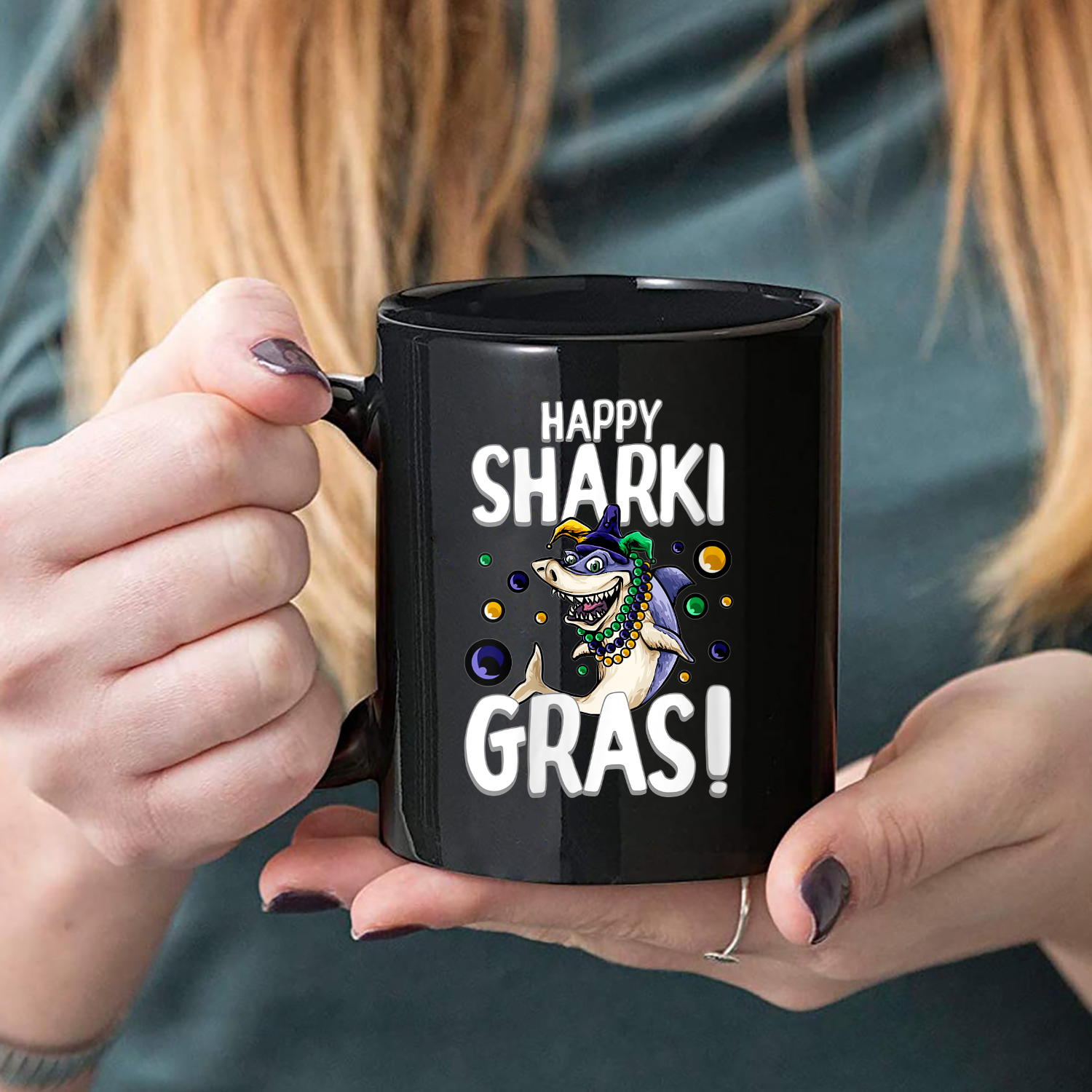 Womens Happy Sharki Gras Funny Shark Mardi Gras Mug Black Ceramic 11-15oz Coffee Tea Cup