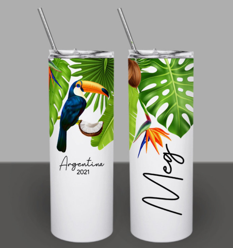 Toucan Bird Of Paradise Tropical Coconut Palm Leaf Tumblers, Personalized 20Oz Skinny Custom Tumbler, Birthday Tumblers, Bridesmaid Gift Cup