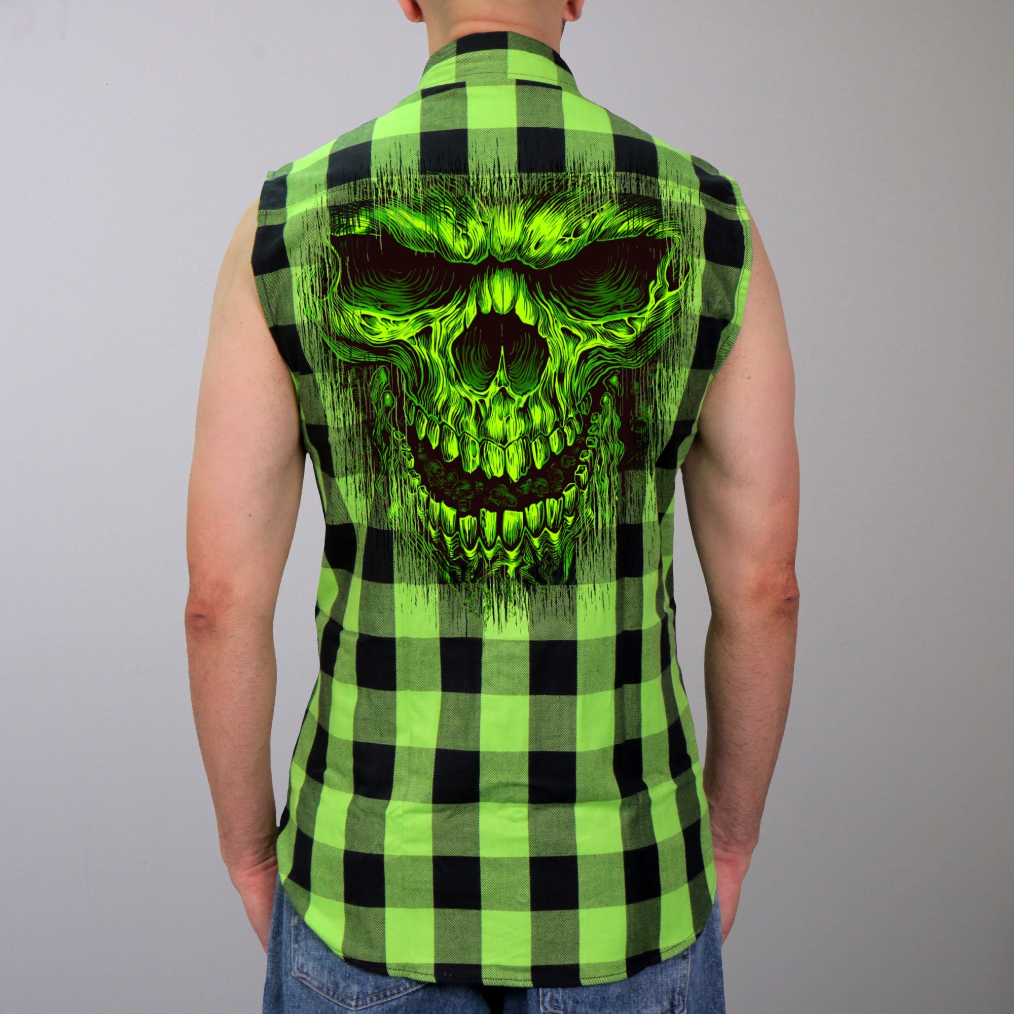 Shredder Skull Sleeveless Biker Flannel Shirt for Men - TattoosCafe