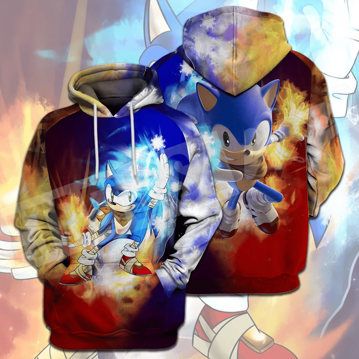 Sonic The Hedgehog T-Shirt Sonic Fire And Ice Blue Yellow Red T-Shirt Hoodie Adult Full Print