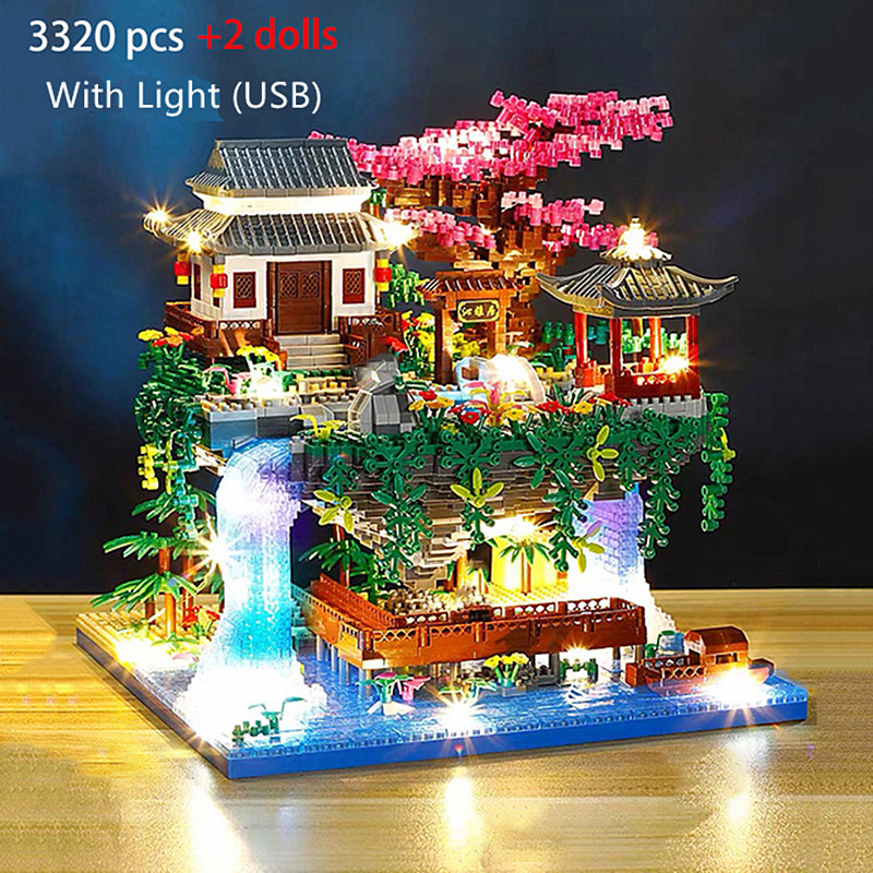 3320Pcs Chinese Architecture Micro Building Blocks House Waterfall Tree DIY Diamond Bricks with Light Toys for Kids Adults Gifts alx