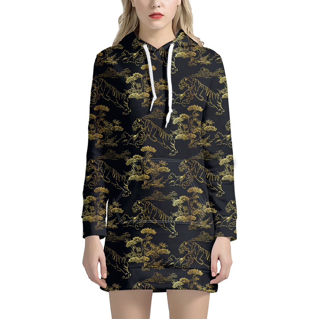 Black And Gold Japanese Tiger Print Women’S Pullover Hoodie Dress