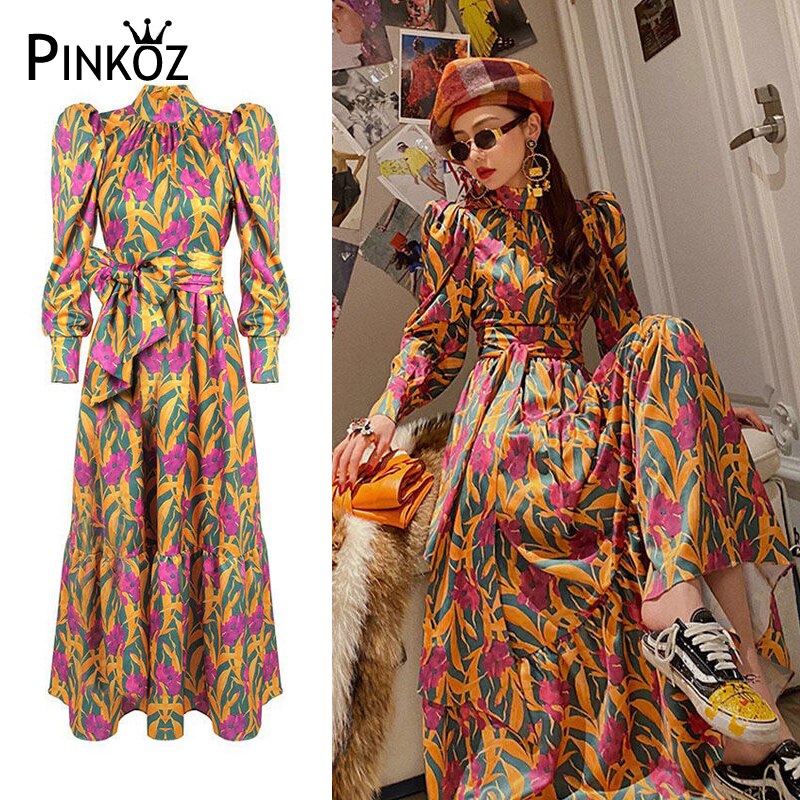 Pinkoz designer style women midi dress floral printed stand collar full lantern sleeve lace up party dresses sashes vestidos new alx