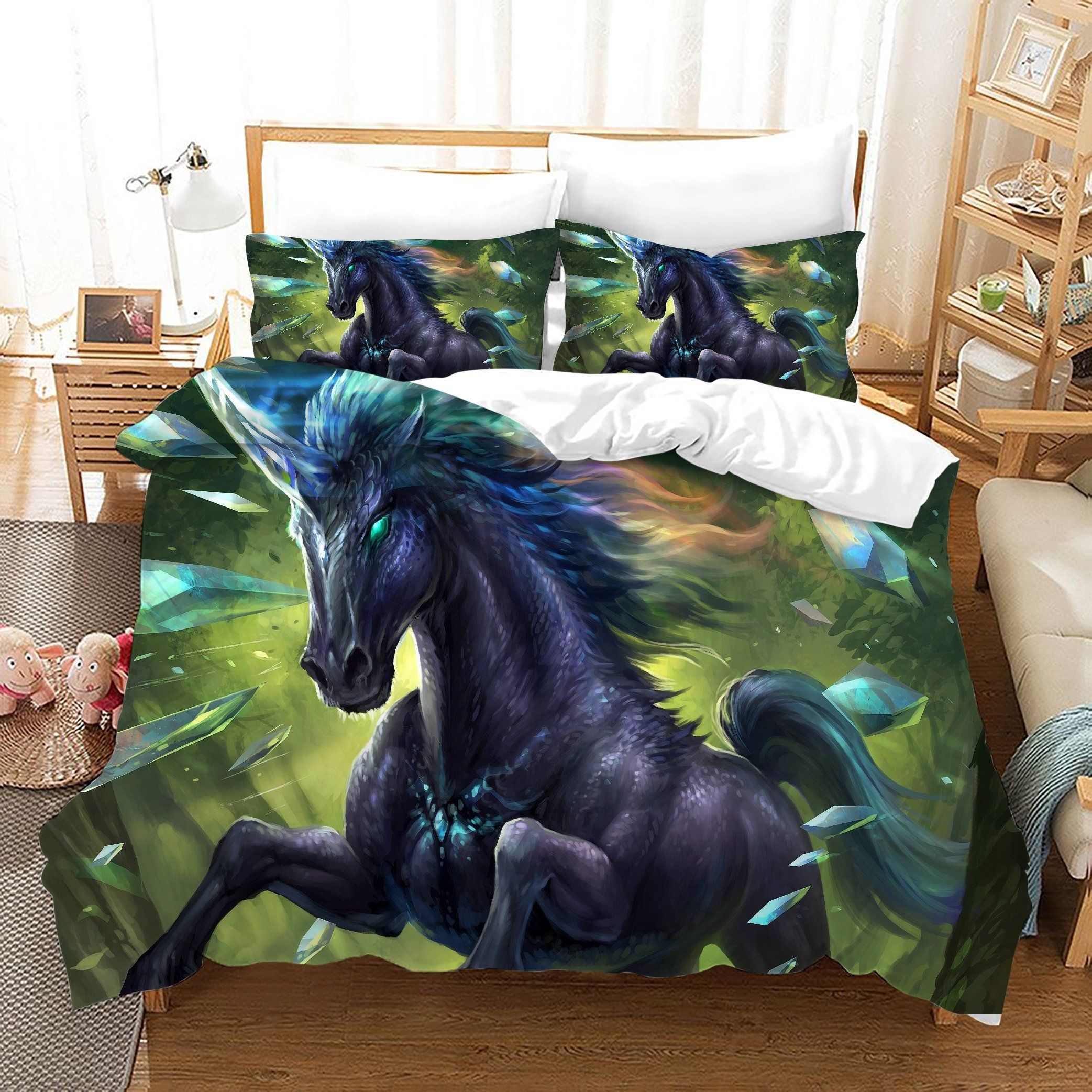 3D Black Unicorn Green Eyes Bedding Set Bedroom Decor