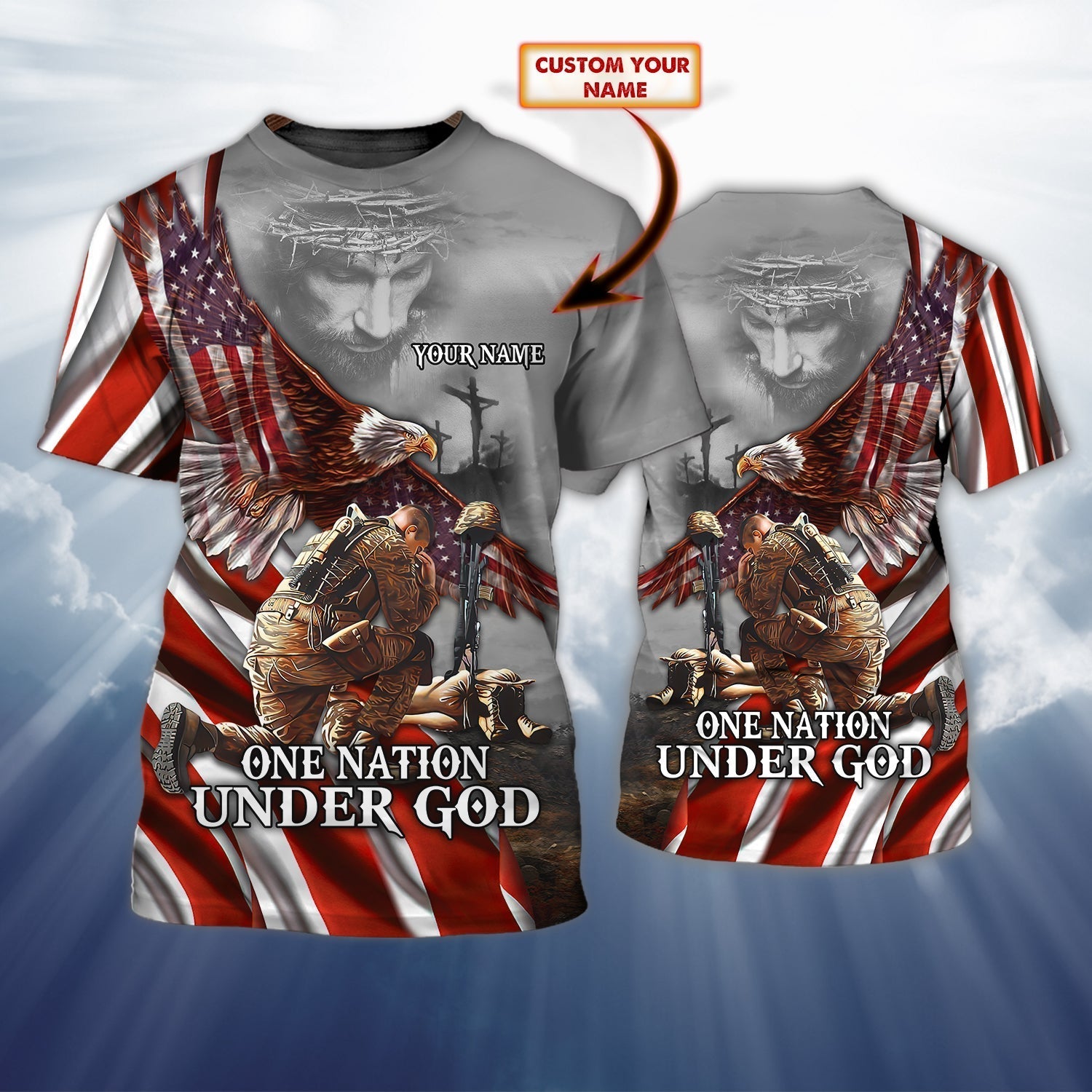 Custom With Name Veteran Patriotice American 3D Shirt, One Nation Under God Jesus 3D T Shirt