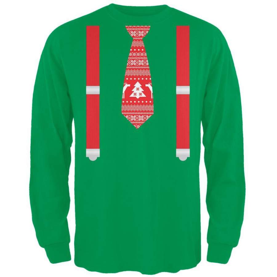 Ugly Christmas Sweater Tie With Suspenders Green Adult Long Sleeve T-Shirt