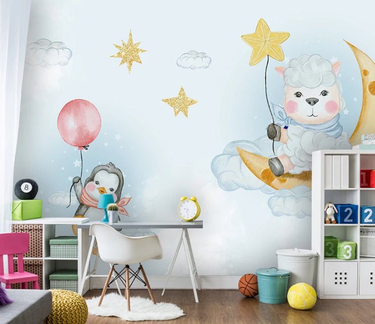 3D Blue Moon Star Sheep Penguin Wall Mural Wallpaper Sf13