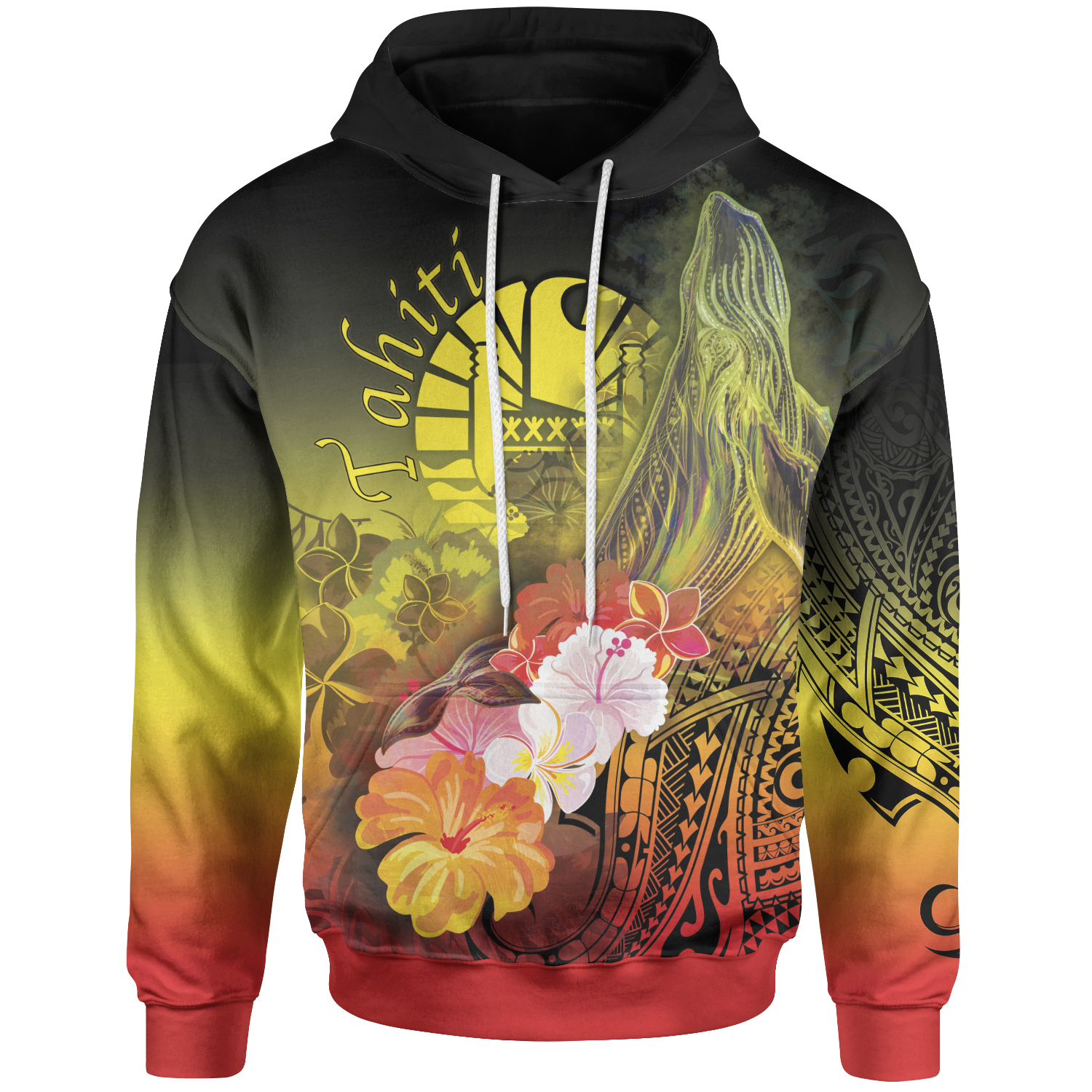 Tahiti Hoodie – Humpback Whale with Tropical Flowers (Yellow)- BN18