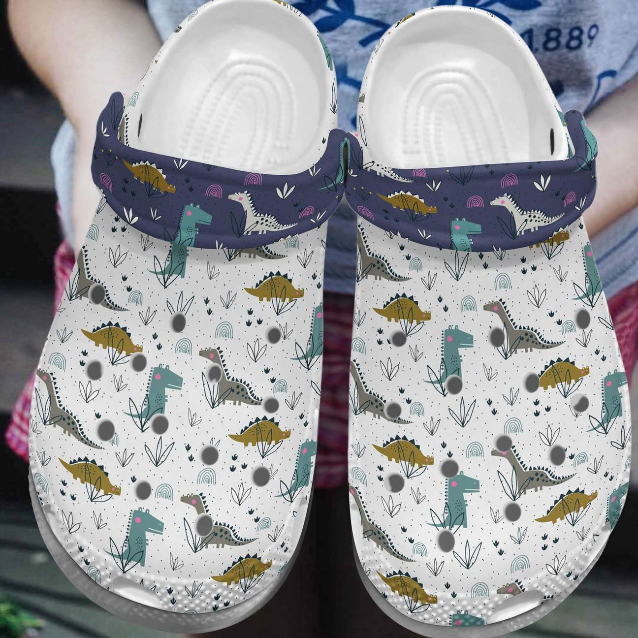 Dinosaur Personalized Clog, Custom Name, Text, Color, Number Fashion Style For Women, Men, Kid, Print 3D White Blue Pattern