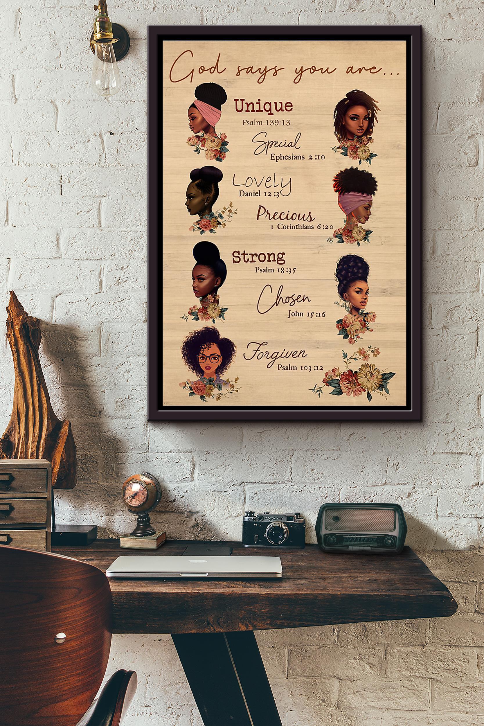 Black Queen God Says You Are Unique Special Lovely Precious Strong Flowers Poster Framed Matte Canvas