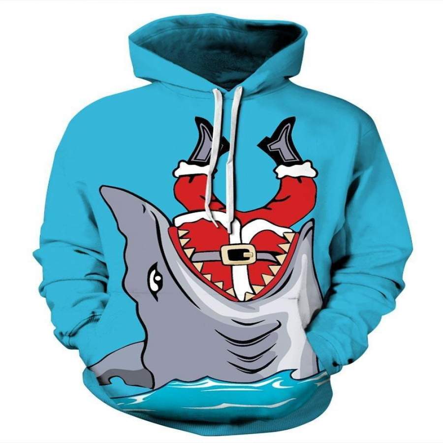 Shark Eat Santa Christmas Long Sleeve 3D Pattern Hoodie