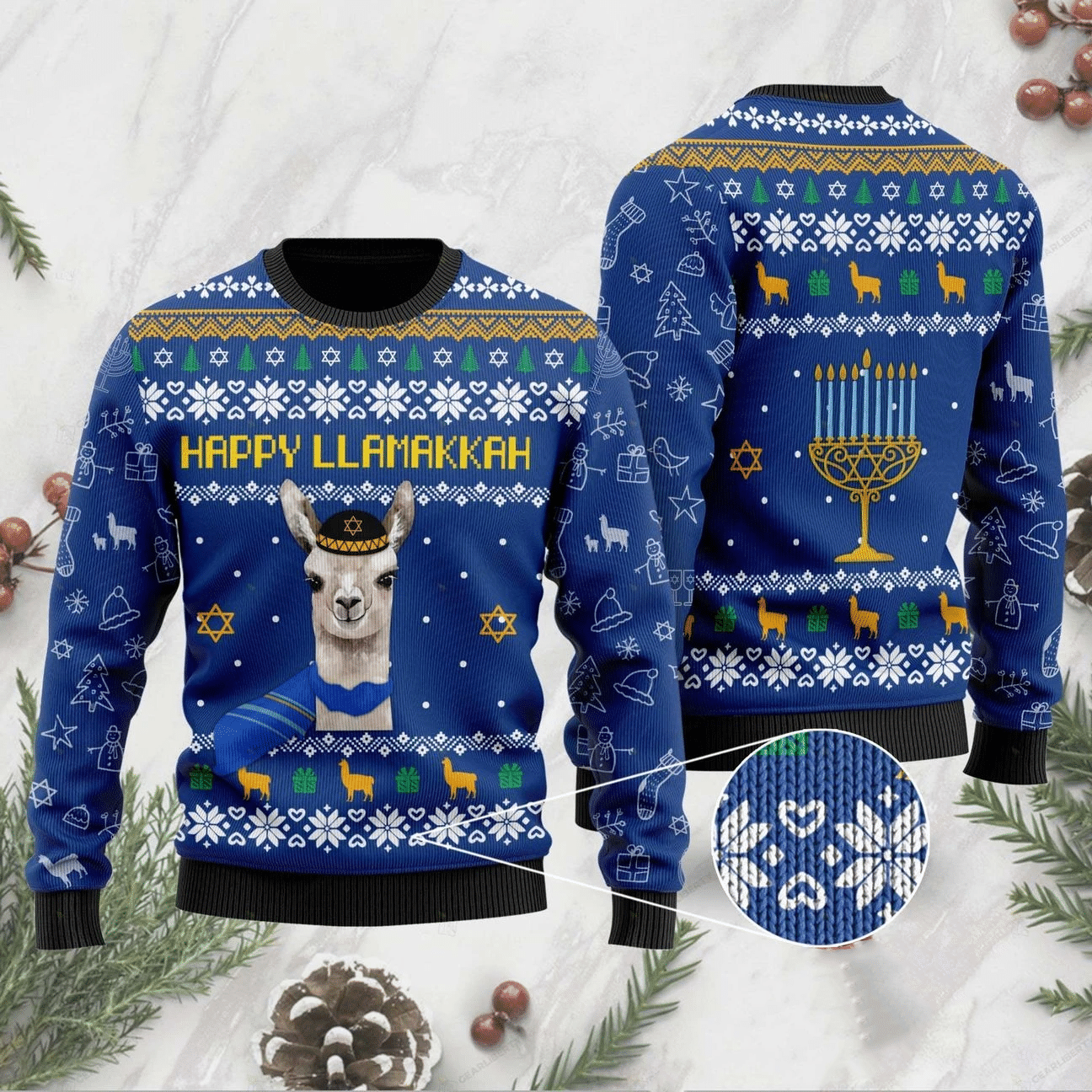 Unifinz Llama Christmas Sweater Llama Happy Llamakkah Blue Ugly Sweater 2022