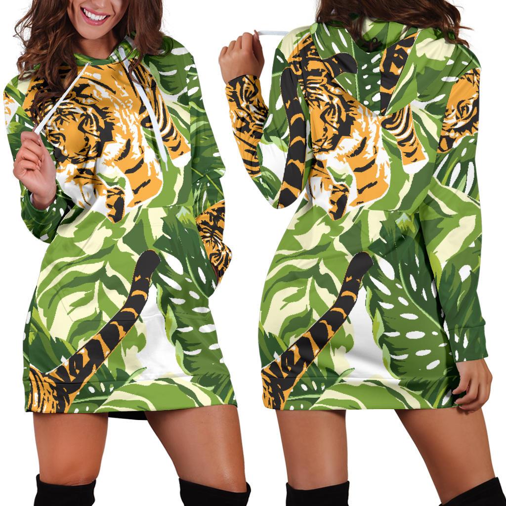 Bengal Tiger Pattern leaves Women Hoodie Dress