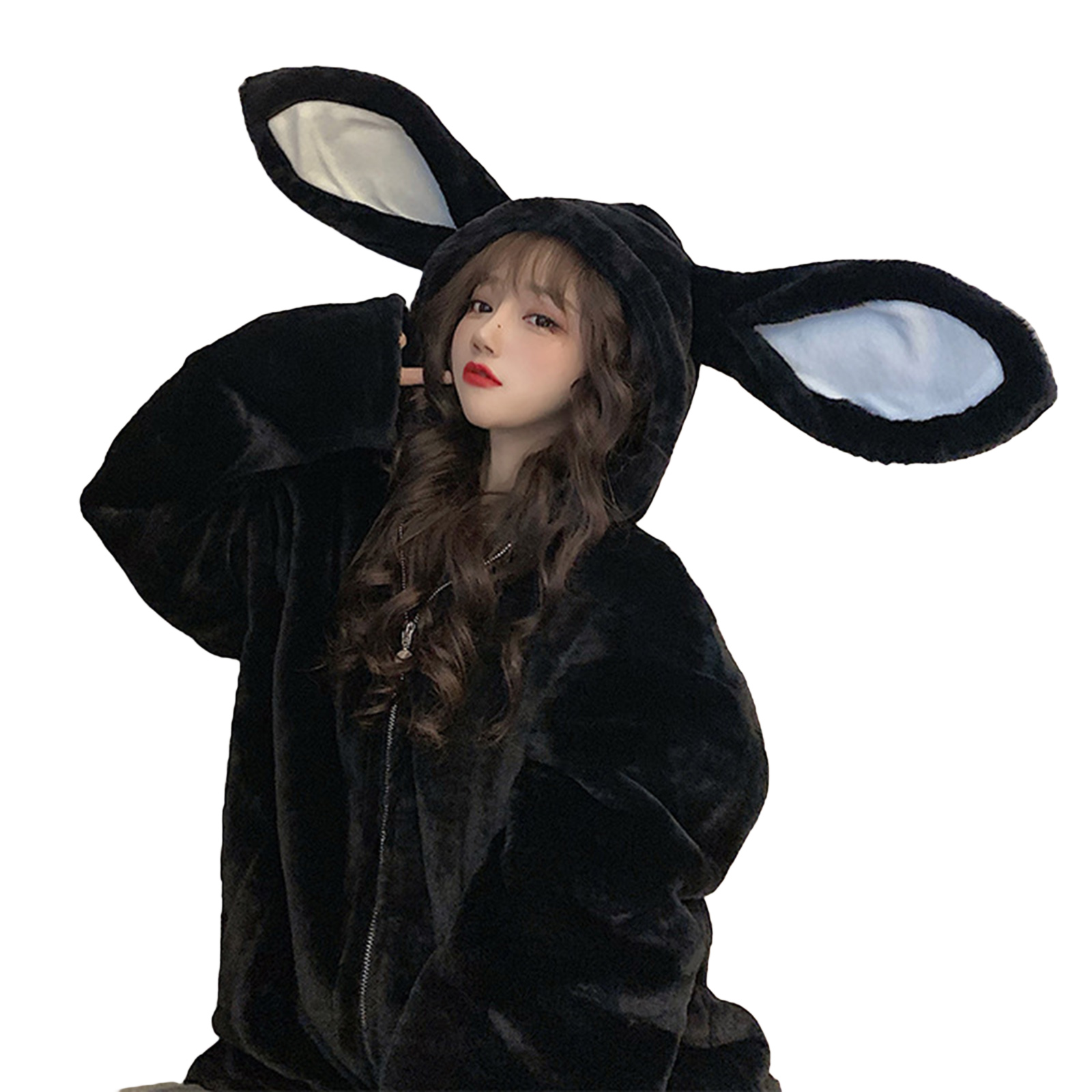 Women Cute пальто женское осе Bunny Ear Hoodie Adult пальто женское Fuzzy Fluffy Long Sleeve Sweatshirt with or without Pom Poms alx