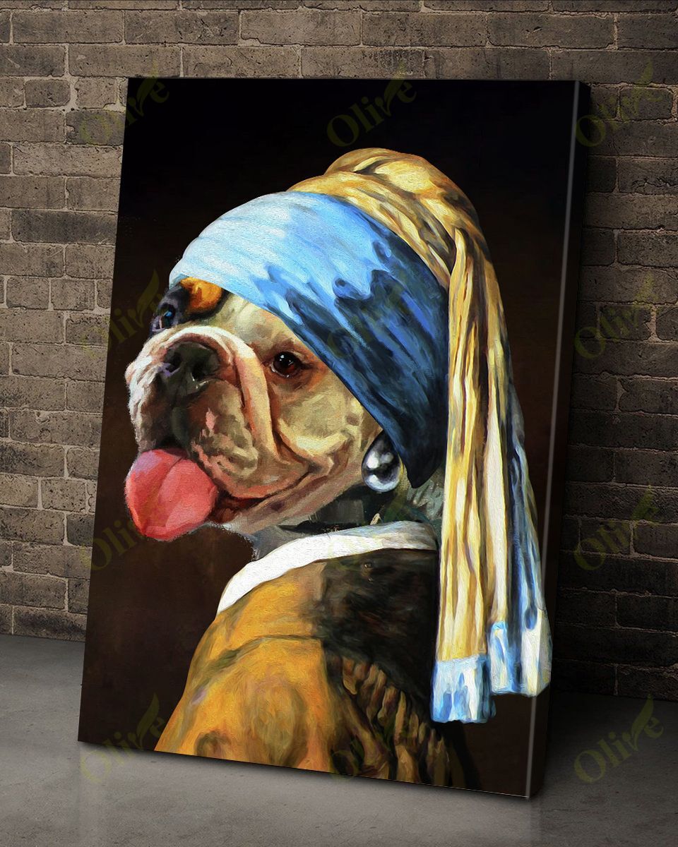 English Bulldog - Pearl Earrings Canvas English Bulldog Poster Print, Canvas Poster Wall Art, Canvas Wall Decor