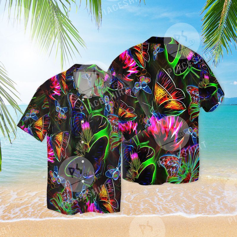 Colorful Neon Butterflies Full Print Hawaii Shirt Ha47923