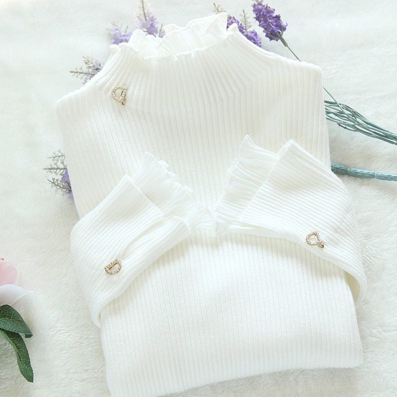 Women’s Sweater Lace Ruffle Pullover Trumpet Sleeve Top Solid Color Knitwear Sweet Cute Casual Candy Color Sweater Jumpers alx