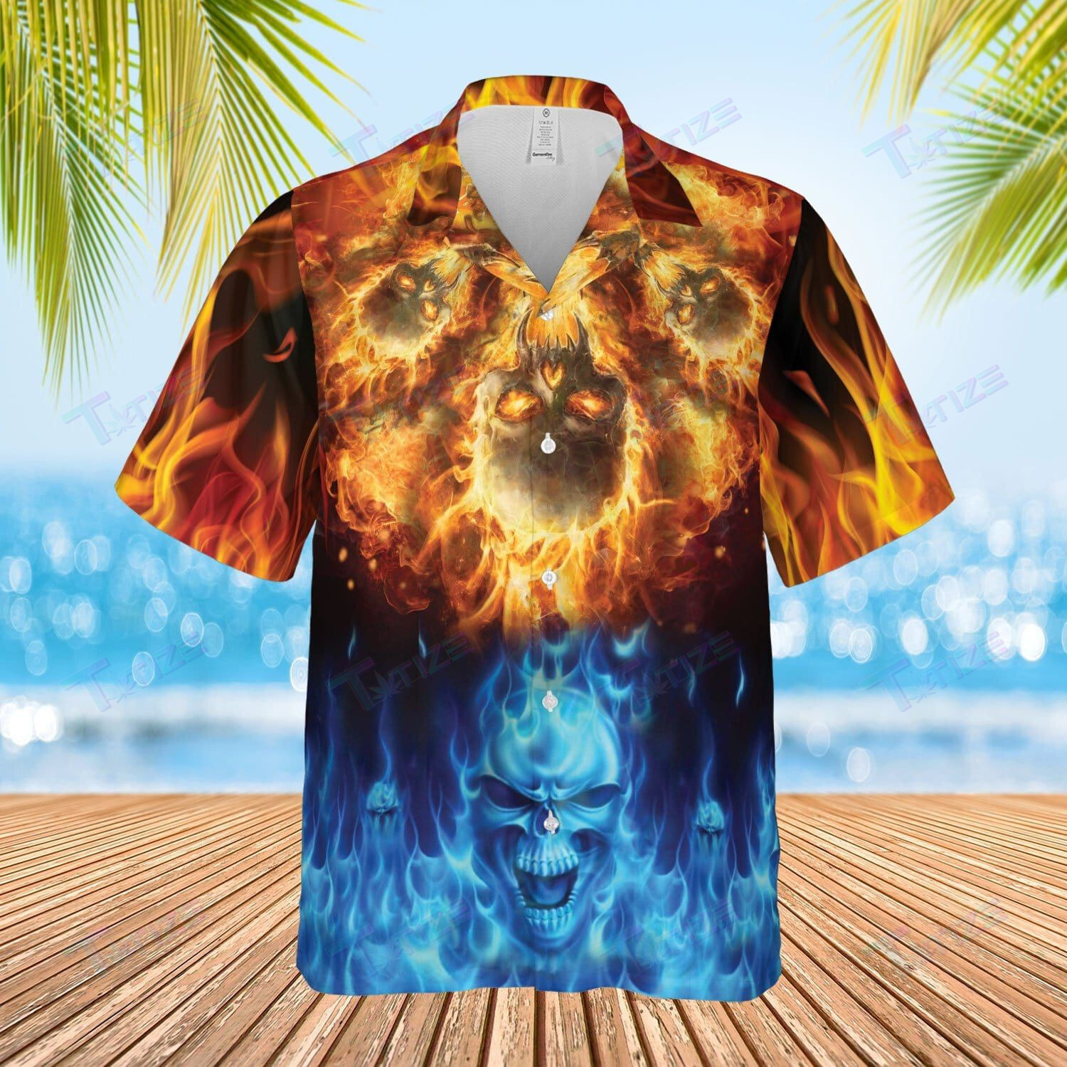 Ice And Fire Skull All Over Printed Hawaii Shirt Size S Ha840