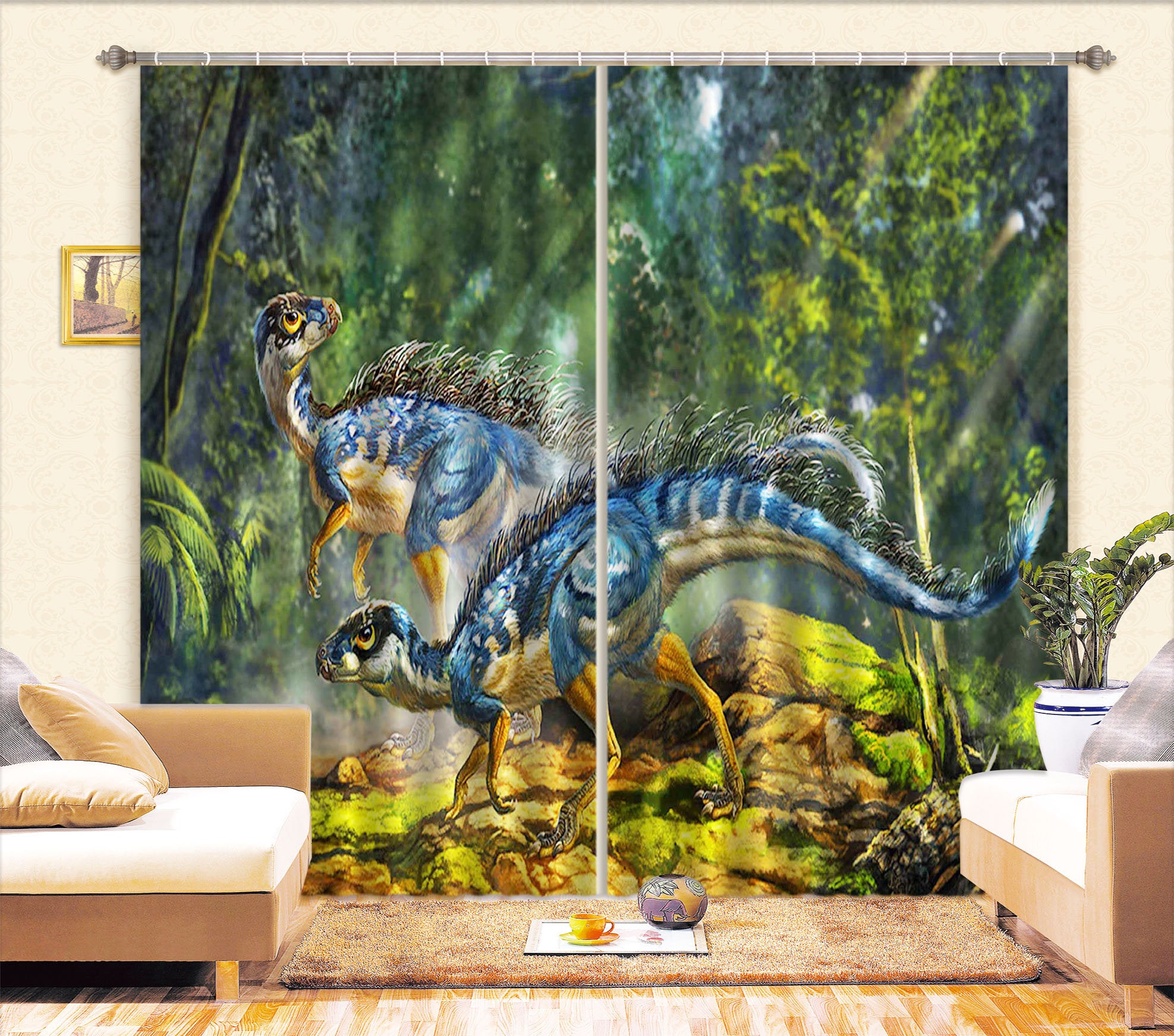 3D Dinosaur In The Forest C014 Blockout Photo Curtain Print Curtains Drapes Fabric Window | 3D Large Photo Curtain, Jess Art Decoration Wallpaper