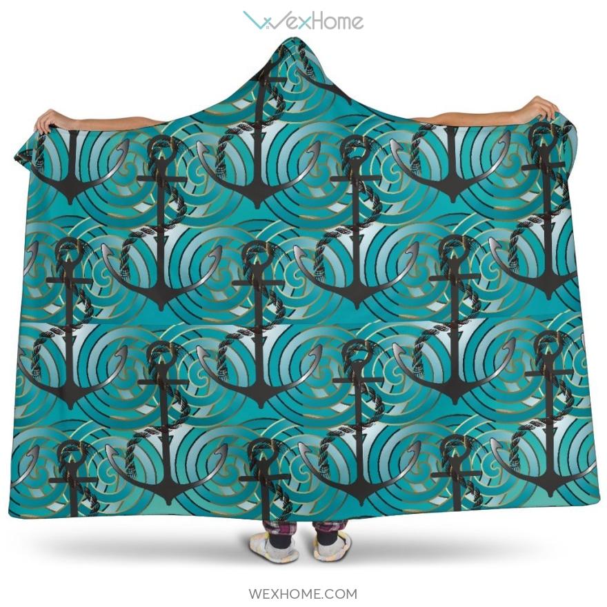 Anchor Nautical Green Background Hooded Blanket