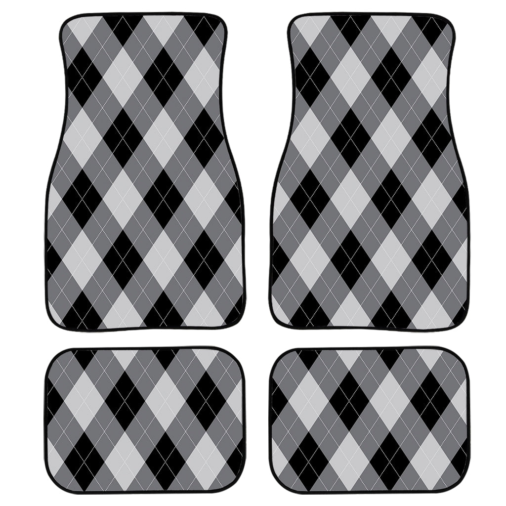 Grey And Black Argyle Pattern Print Front And Back Car Floor Mats, Front Car Mat