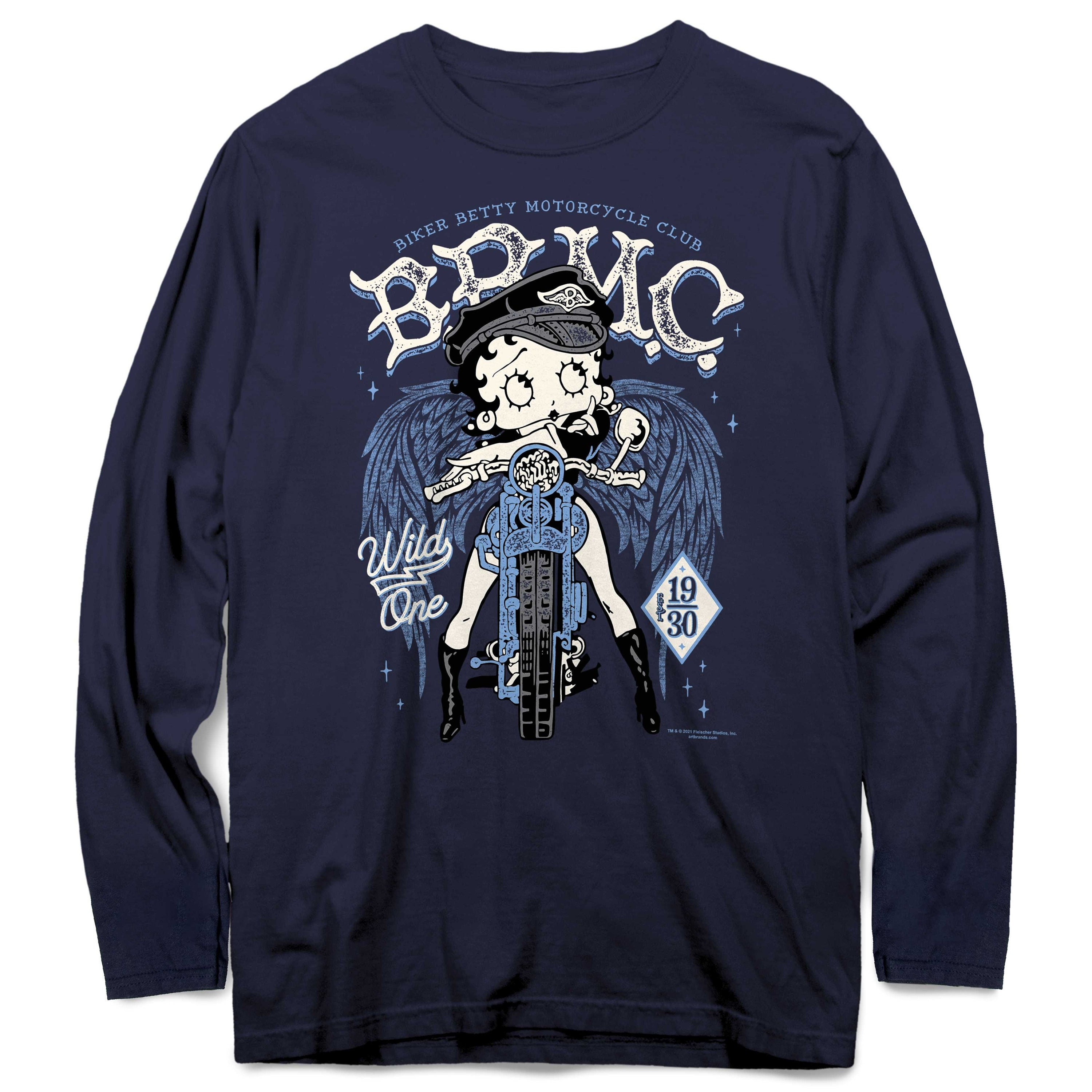 Betty Boop Shirt, Biker Betty Motorcycle Club Long Sleeve Tee, Officially Licensed Betty Boop Merchandise, Boop Oop A Doop, Wild One, 1930  Rughing's Signature Collection