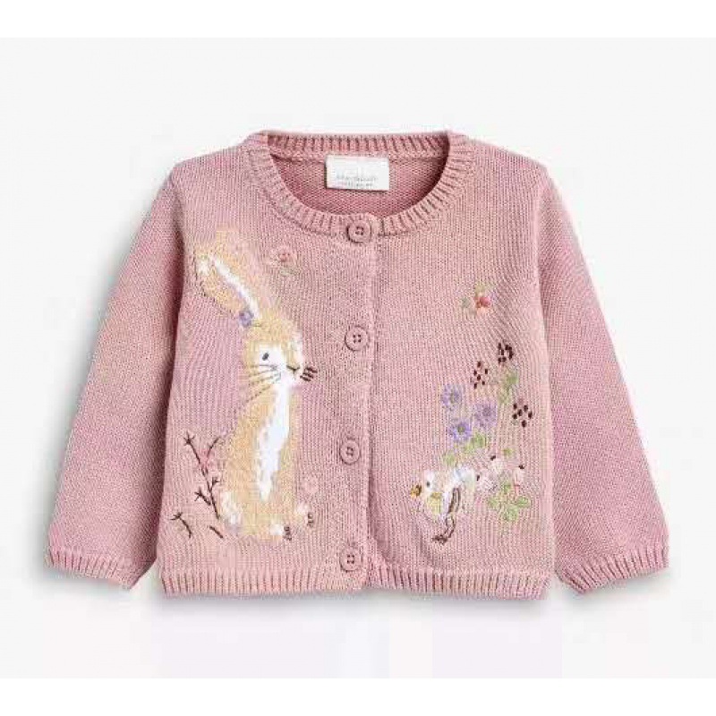 Baby Girls Cotton Knitted Cardigan Pink Color Cartoon Rabbit Embroidery Spring Autumn Sweater Kids Outerwear Top alx