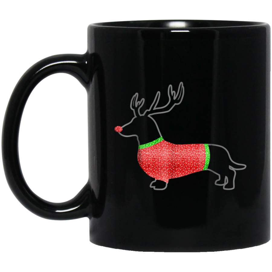 Ugly Christmas Sweater Wearing Dachshund 11 oz 15 oz Mug Black