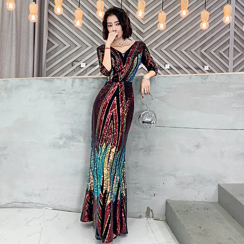 2022 New Styles Mermaid Evening Dresses Long Elegant V Neck Half Sleeve Sequined Formal Party Gown Robe Longue alx