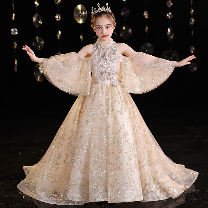 2022 Elegant Party Girl Dresses Infant Flared Sleeves Sequined Mermaid Long Dress Children Princess Vintage Vestidos for Pageant alx