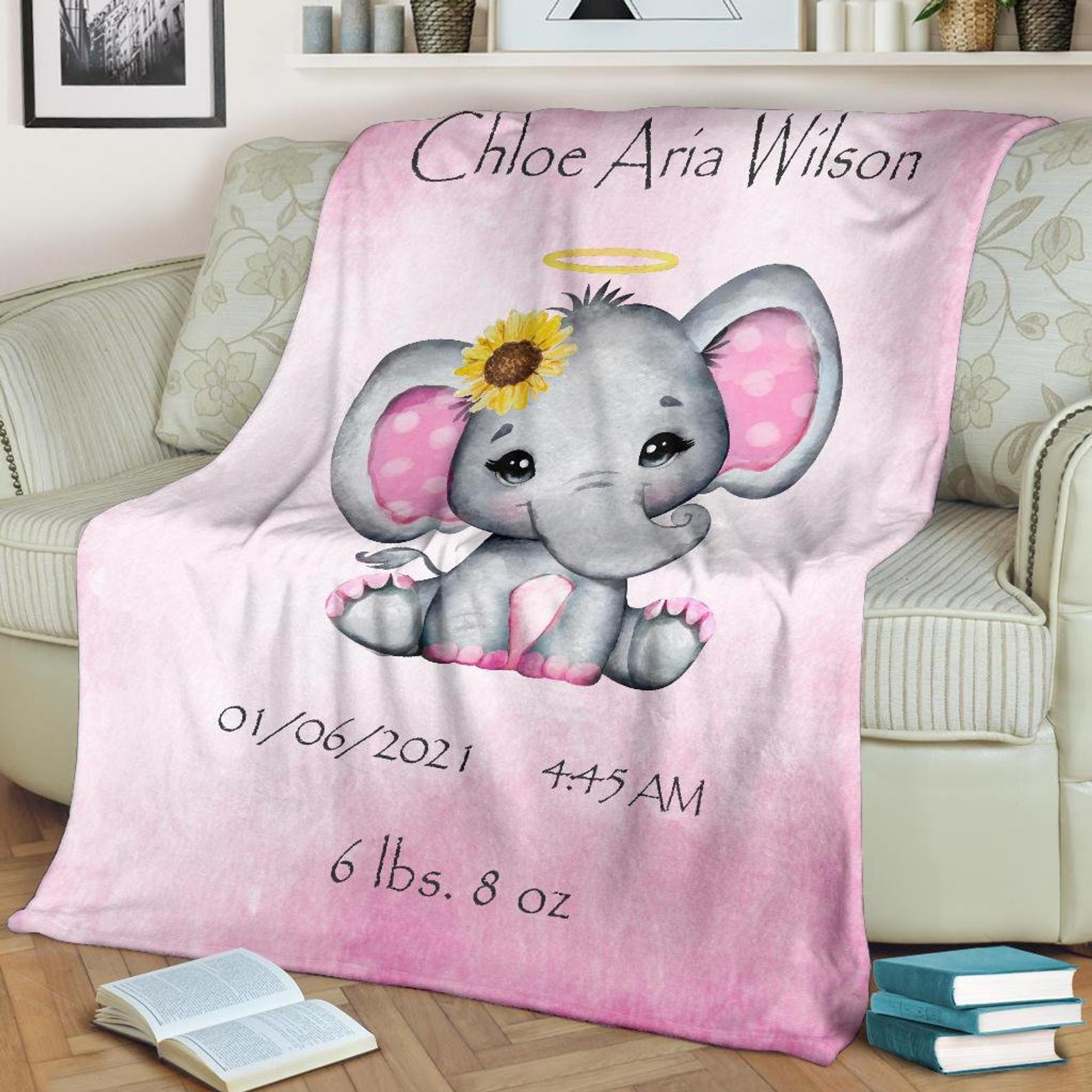 Personalized Baby Blankets With Name, Custom Baby Name And Birthday, Elephant Blanket