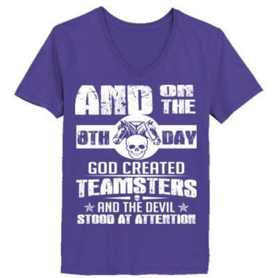 AGR And On The 8th Day God Created Teamsters And The Devil Stood In Attention – Ladies’ V-Neck T-Shirt