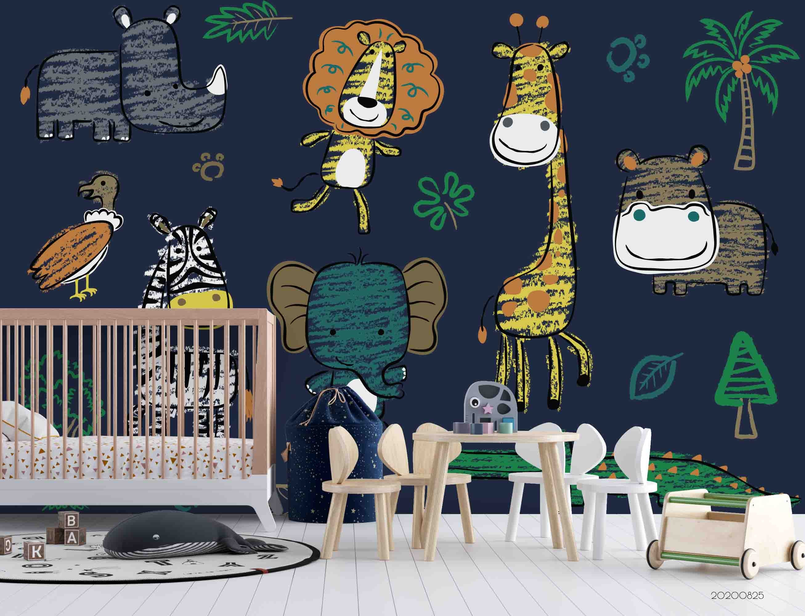 3D Cartoon Animal Lion Giraffe Wall Mural Wallpaper Lqh 6