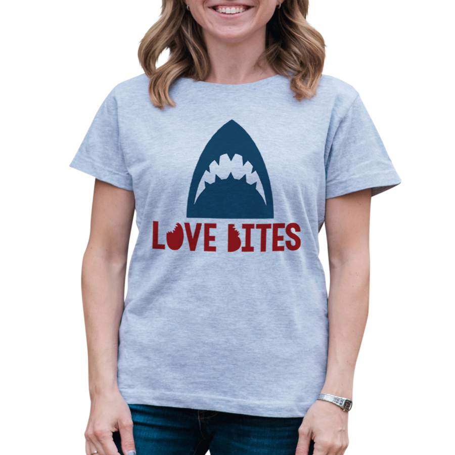 7 ate 9 Apparel Women’s Love Bites Shark Valentine’s Day Grey T-shirt