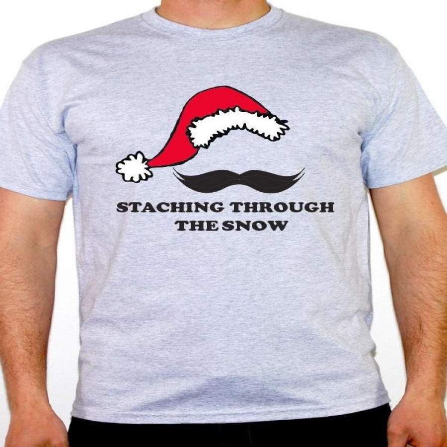 Staching Through The Snow Mustache Santa Christmas Themed Men’S Cotton T-Shirt